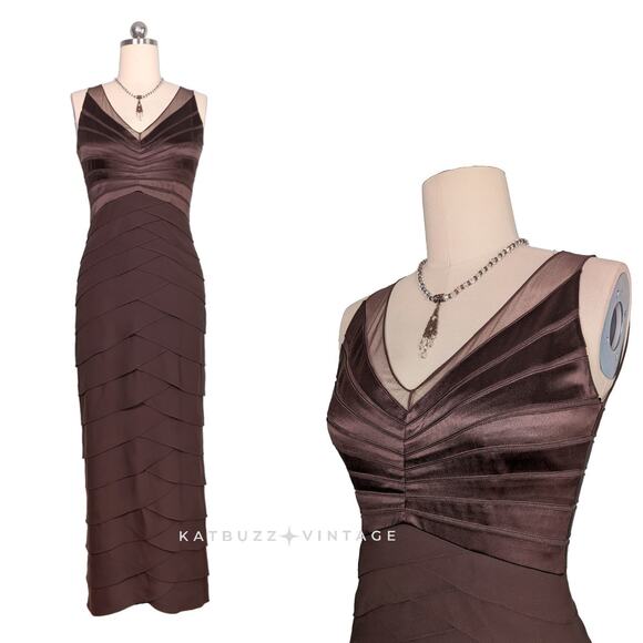 Vintage Chetta B Silk Maxi Dress Gown 6 Brown Ruffle Satin Glam Classic Mother - Picture 1 of 12